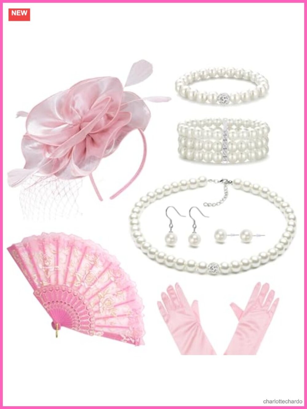 Fascinator Hat Pink Gloves Lace Fan Pearl Set Tea Party Costume Accessories